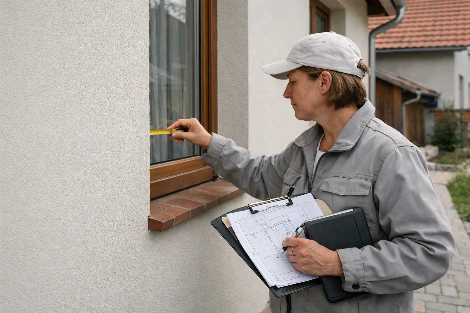 Autorizovaný stavební dozor kontroluje zateplený rodinný dům při zpracování závěrečné zprávy pro dotaci.