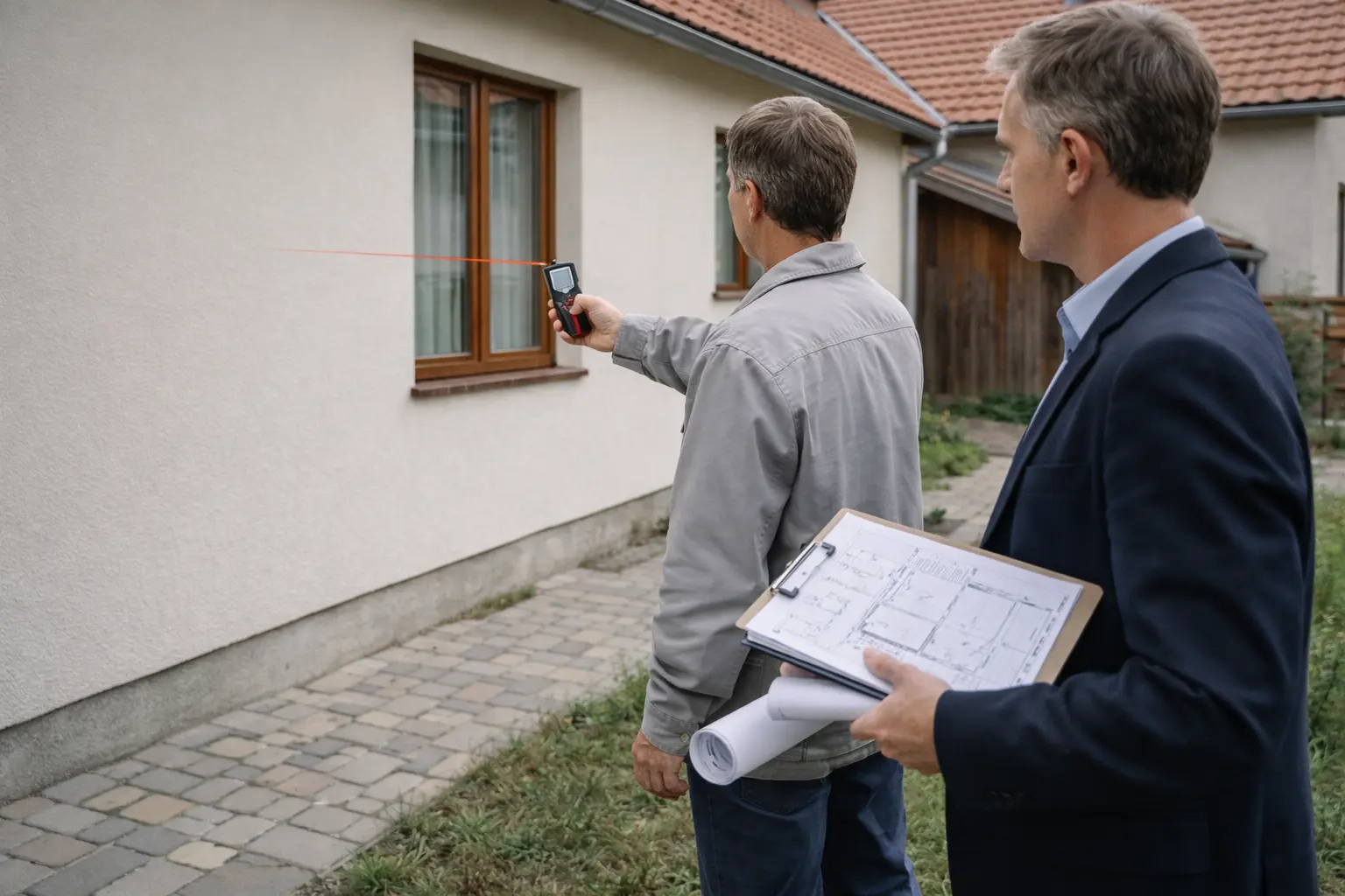 Technik zaměřuje rodinný dům pro zpracování pasportu budovy a energetického štítku PENB.