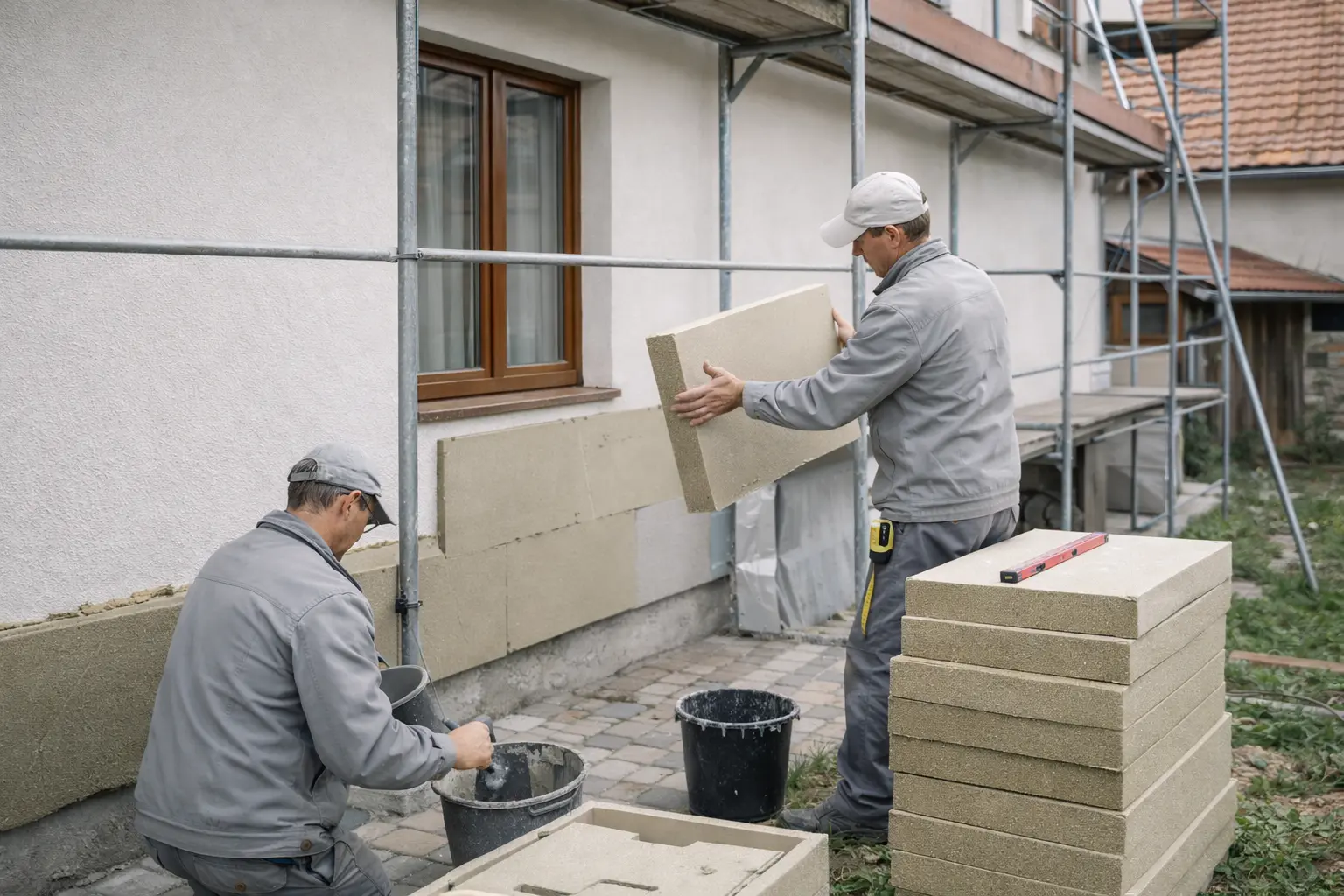 Stavební firma provádí zateplení fasády rodinného domu v rámci realizace dotačních opatření.